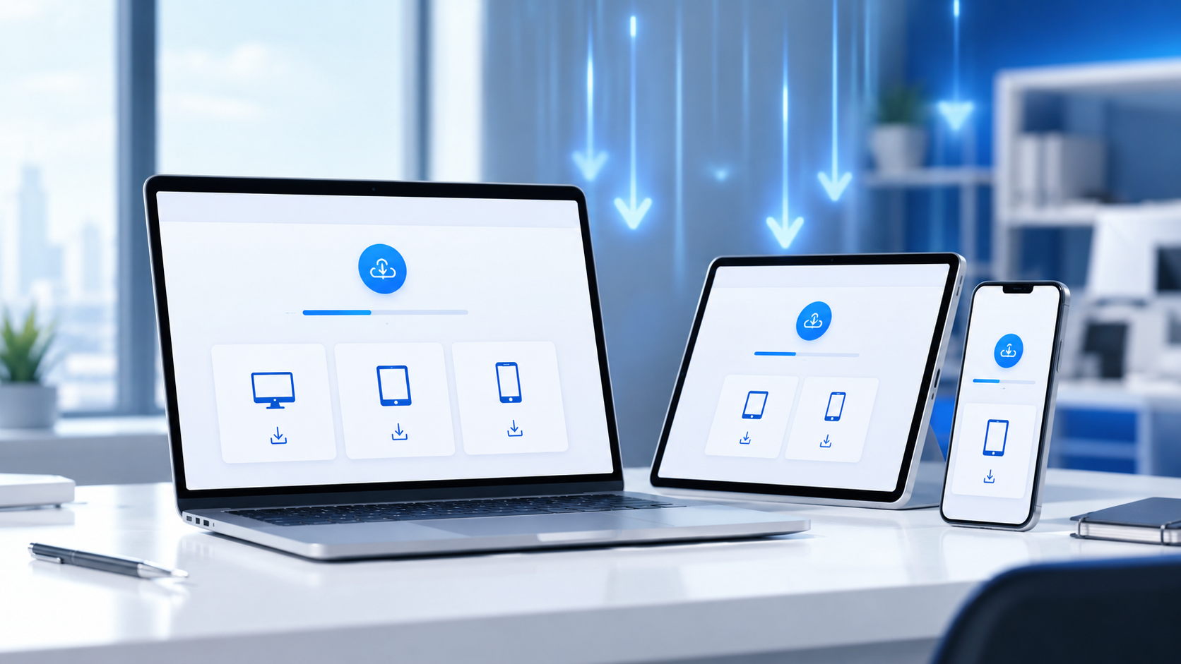 Windows、macOS、iOS 与 Android 多平台客户端下载示意图